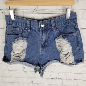 PRETTY LITTLE THING | distressed destroyed denim jean high rise shorts